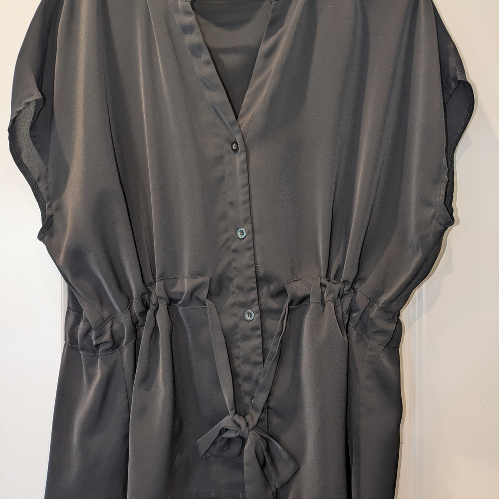 Cicibird Black Tie Waist Blouse XL V-Neck Button Front Flowy Career Top